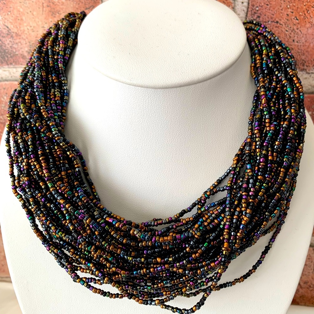 Multi-Strand Seed Bead Necklace in Black and Metallic Hues